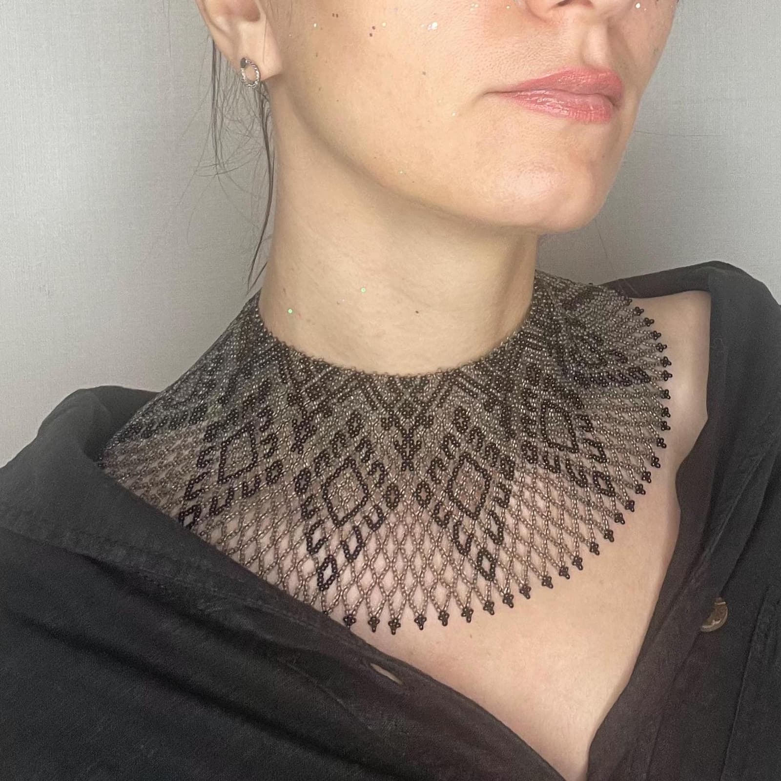 Black beaded collar necklace in traditional Ukrainian netting